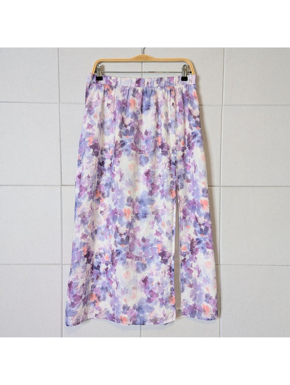 Bella Dahl 100% linen iris floral front slit midi skirt